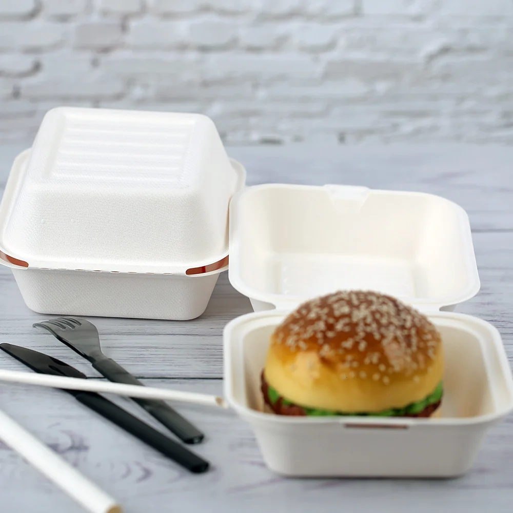 

Custom Biodegradable Takeaway Fries Lunch Fast Food Container 6X6 Inch Bagasse Hamburger Packaging Sugarcane Burger Box
