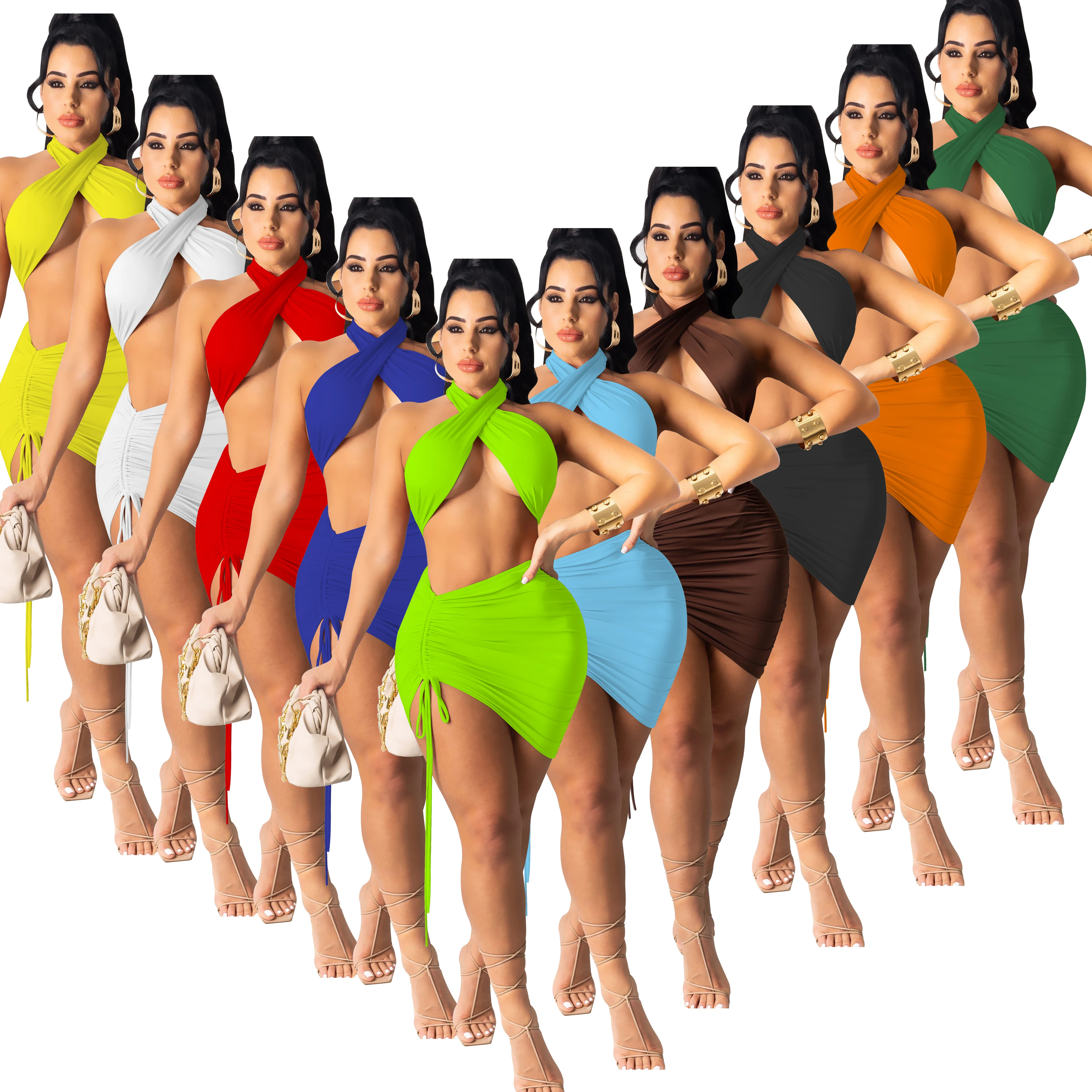 Clubwear Summer 2021 2 Piece Womans Set Crossover Neck Twist Halter Women Crop Top With Drawstring Sexy Womens Skirt Set, 10 colors
Clubwear Summer 2021 2 Piece Womans Set Crossover Neck Twist Halter Women Crop Top With Drawstring Sexy Womens Skirt Set, 10 colors