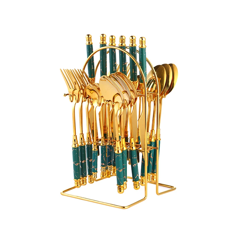 Ceramic Cutlery Set Gold Stainless Steel 24pcs Knife Fork and Spoon Flatware Set with Holder
Ceramic Cutlery Set Gold Stainless Steel 24pcs Knife Fork and Spoon Flatware Set with Holder