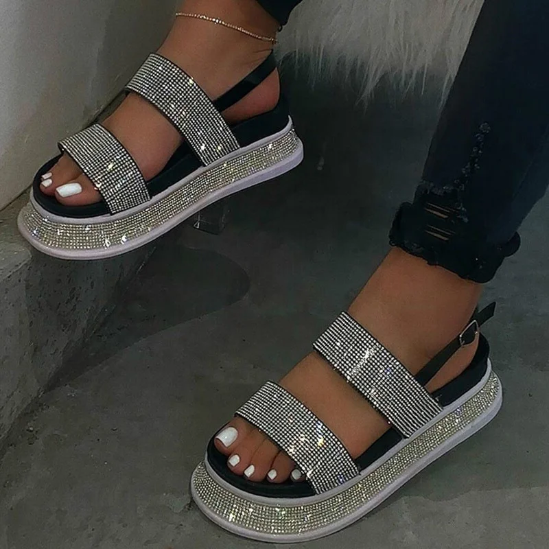 Popular Women White Casual Sandals Shoes Buckle Strap Crystal Thick Sole Flat with Platform Sandals Shoes for Lady, Black,white
Popular Women White Casual Sandals Shoes Buckle Strap Crystal Thick Sole Flat with Platform Sandals Shoes for Lady, Black,white