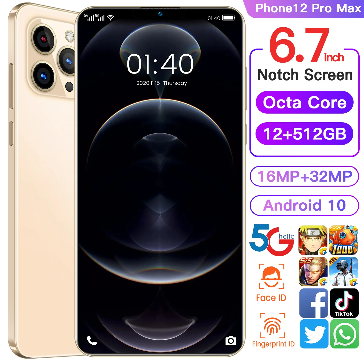 Hot Selling i12 Pro Max 12G+512G GPS navigation smart phone 5200mAh 16MP+32MP 10 Core Mobile Phone
Hot Selling i12 Pro Max 12G+512G GPS navigation smart phone 5200mAh 16MP+32MP 10 Core Mobile Phone