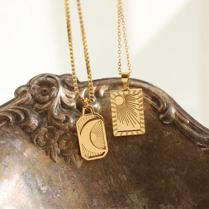 European and American Radiation Square Pendant Titanium Steel Gold Plated Sun Moon chain Necklace, As pictures
European and American Radiation Square Pendant Titanium Steel Gold Plated Sun Moon chain Necklace, As pictures