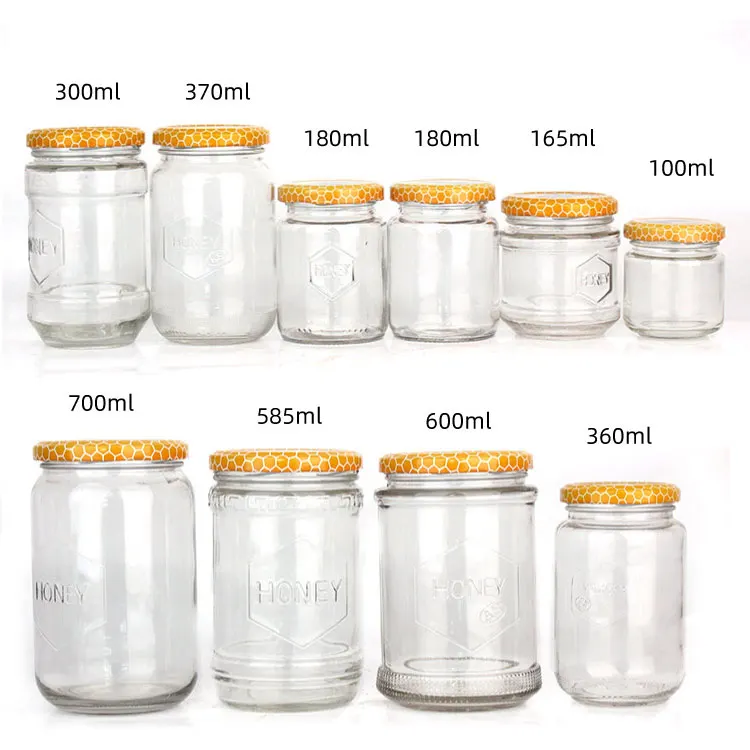 Empty round 585ml food grade glass honey jam chilli sauce storage jar with metal lid