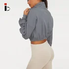 Hoodie High Neck Hoodie Custom Grey Rib Zip Front High Neck Long Sleeve Crop Top Hoodie For Women