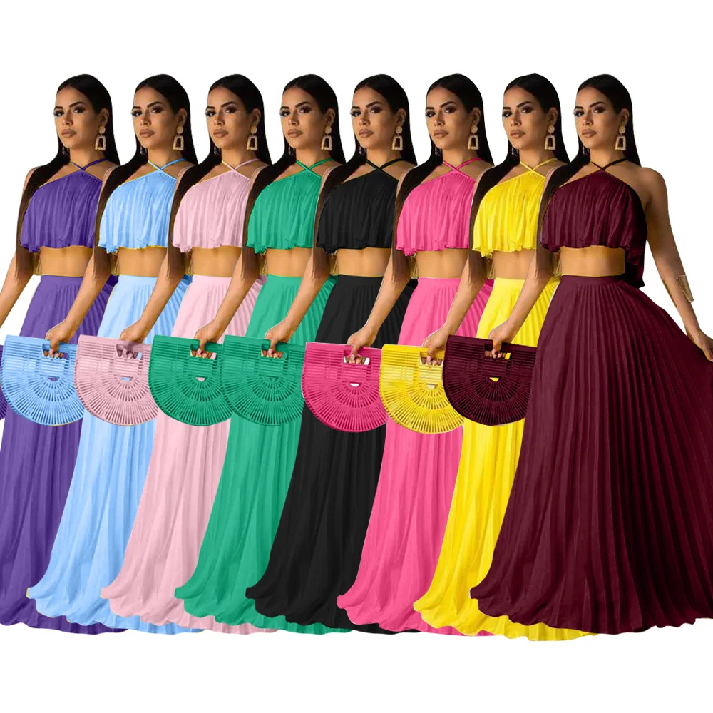 H9279 - Fashion Long Skirt And Top Solid Pleated Sleeveless Women Two Piece Outfits
H9279 - Fashion Long Skirt And Top Solid Pleated Sleeveless Women Two Piece Outfits