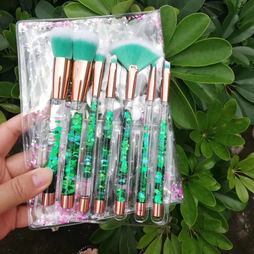 wholesale custom logo 7 pcs bling transparent rainbow DIY diamond crystal rhinestone makeup brush set with glitter pvc bag 