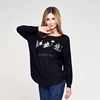 OEM Fashion yarn pullover New Arrival Hot Beautiful Round Boat neck fine knit women loose Hem embroidery Sweater ladies
