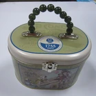 Oval Shaped Cosmetic Tin Container with Beads Handle