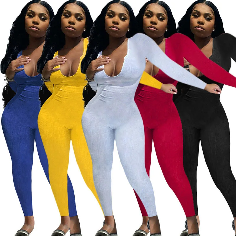 

2021 Autumn plus size Rib knit v neck 2021 Sexy Ladies Bodycon Rompers Sleeveless Nightclub Wear fall Women One Piece Jumpsuit, Photo color