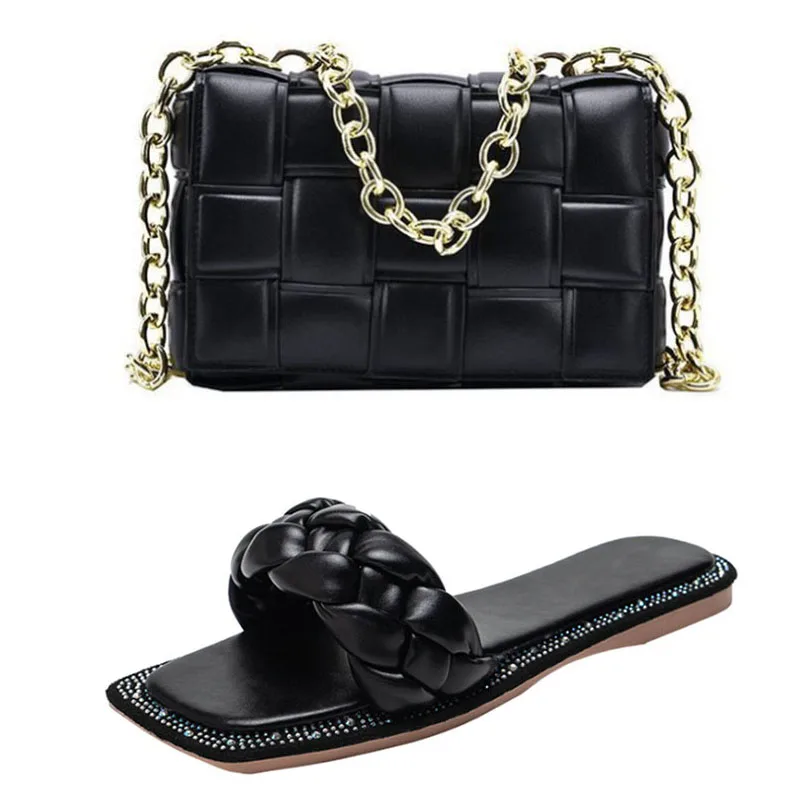 wholesale bag and matched flat slippers women woven slides with diamonds women designer beach purse and shoes, Picture color
wholesale bag and matched flat slippers women woven slides with diamonds women designer beach purse and shoes, Picture color