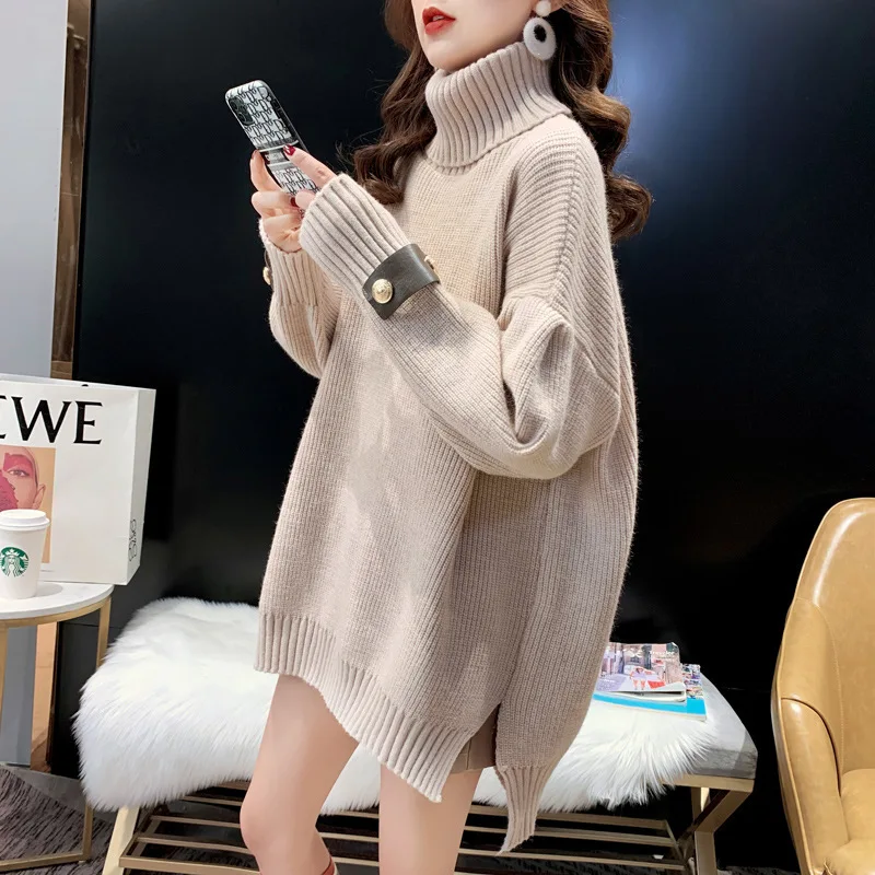 2021 Loose plus size retro mid-length solid color turtleneck split Korean fashion women sweater, Rose red,black,khaki
2021 Loose plus size retro mid-length solid color turtleneck split Korean fashion women sweater, Rose red,black,khaki