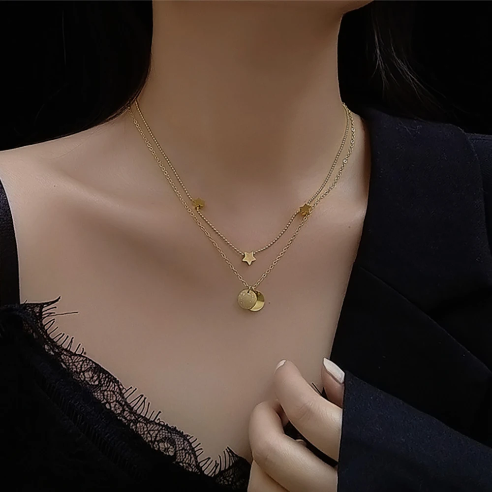 Women cute jewelry brushed disc star pendant stainless steel 18k gold plated double layered chains necklace
Women cute jewelry brushed disc star pendant stainless steel 18k gold plated double layered chains necklace