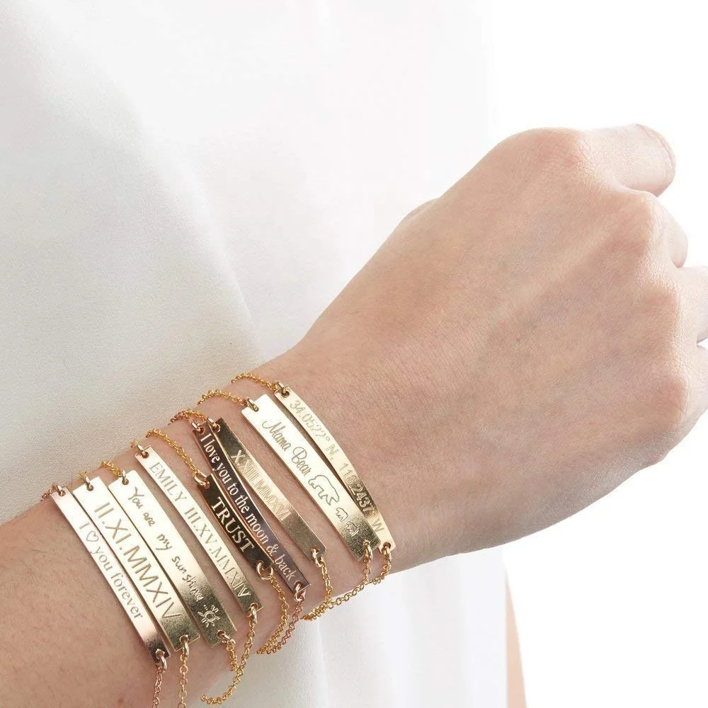 2022 wholesale personalized name jewelry women custom gold bar blank stainless steel engraved bracelet
2022 wholesale personalized name jewelry women custom gold bar blank stainless steel engraved bracelet