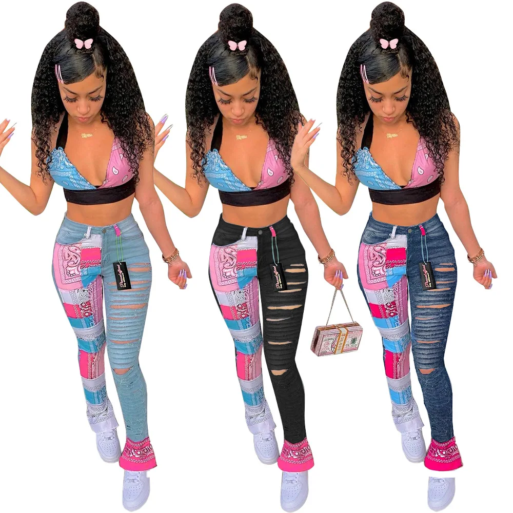 Trendy Paisley Bandana Patchwork Straight Jeans Women Denim Ripped Holes Slim Casual Trousers Jeans, Customized color
Trendy Paisley Bandana Patchwork Straight Jeans Women Denim Ripped Holes Slim Casual Trousers Jeans, Customized color