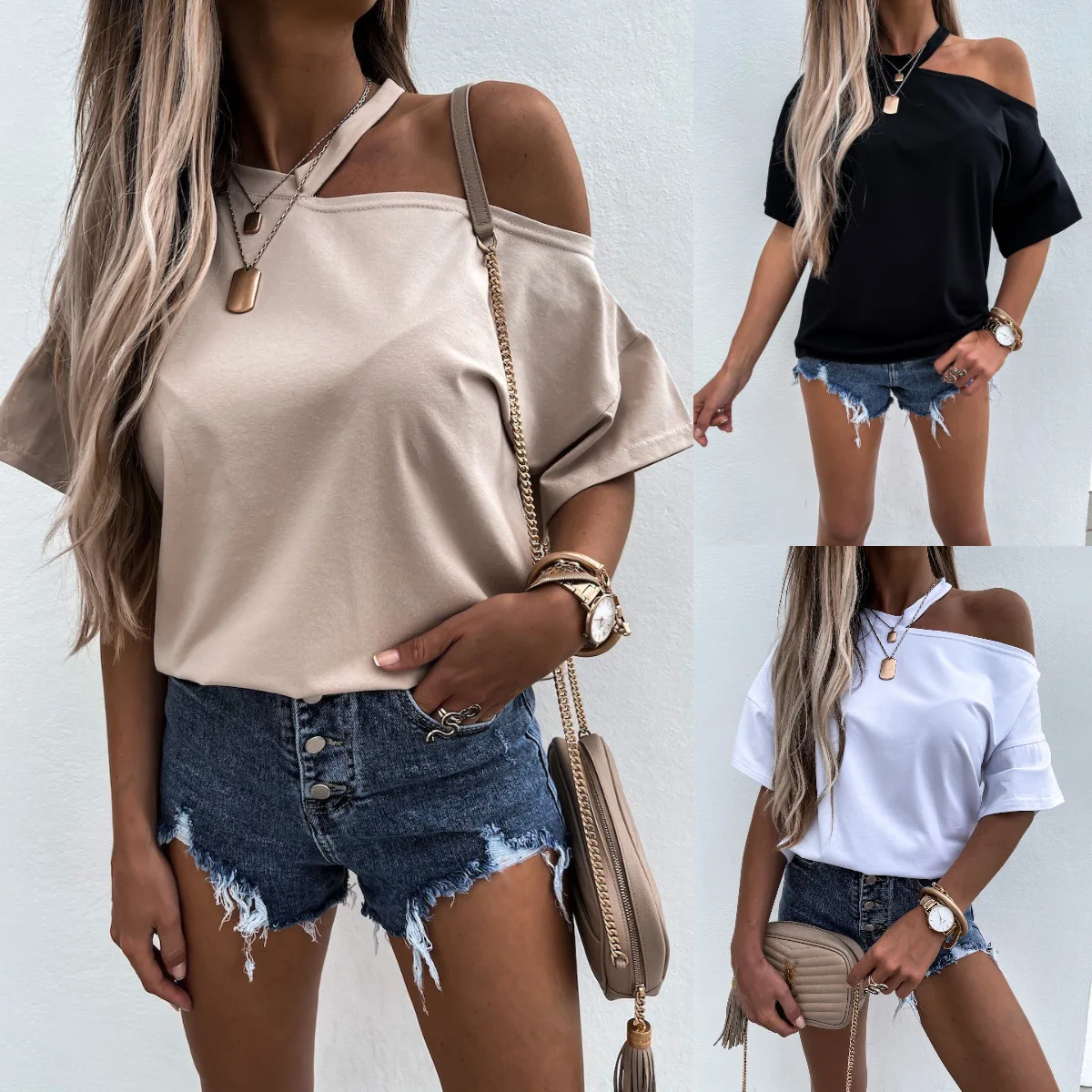 Ladies Top 2021 European And American T-Shirt Personnalisable Diagonal Sleeves Short Sleeve Crew Neck T-Shirt
Ladies Top 2021 European And American T-Shirt Personnalisable Diagonal Sleeves Short Sleeve Crew Neck T-Shirt