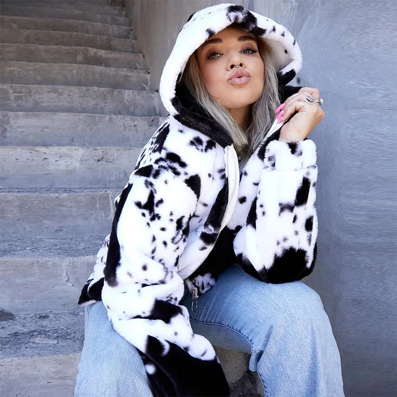 wholesale black white cow pattern hooded rabbit fur cardigan sweater fashion zipper casual coat women, Picture
wholesale black white cow pattern hooded rabbit fur cardigan sweater fashion zipper casual coat women, Picture