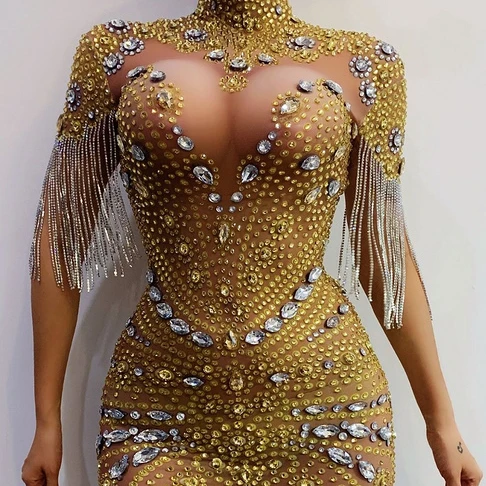 Sparkly evening dress Gold Rhinestones Transparent Dress Women Dancer Wear Prom Bar Birthday Celebrate Outfit
Sparkly evening dress Gold Rhinestones Transparent Dress Women Dancer Wear Prom Bar Birthday Celebrate Outfit