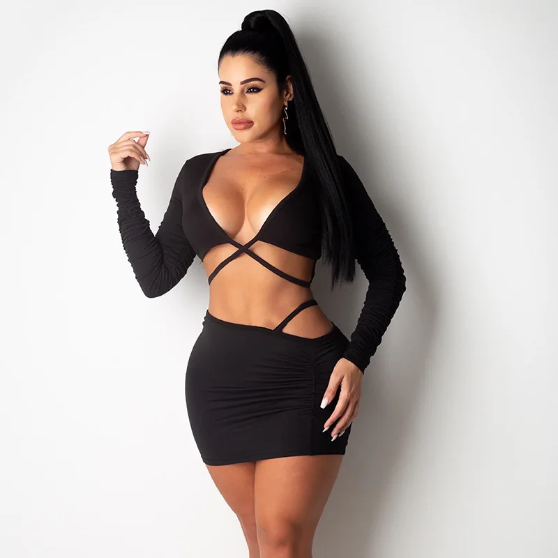 Hot Sale Fashion V-Neck Long Sleeve Short Mini Skirt Bodycon Sexy Two Piece Skirt Set, Black
Hot Sale Fashion V-Neck Long Sleeve Short Mini Skirt Bodycon Sexy Two Piece Skirt Set, Black