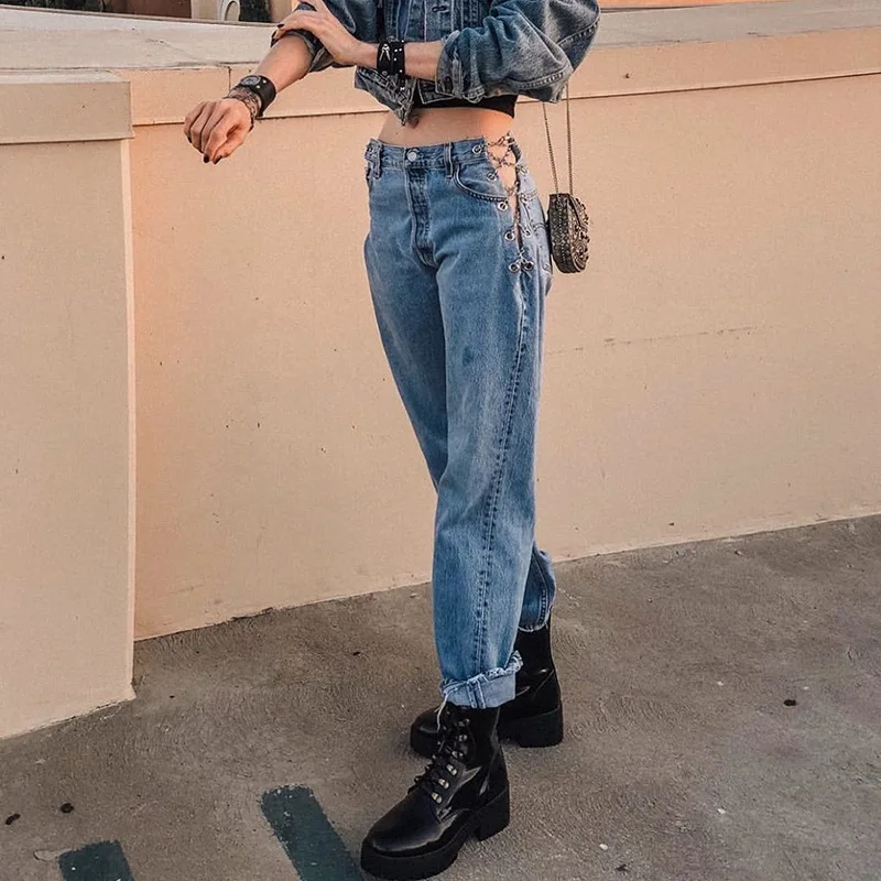Hot Sale Fashion Long Straight Trousers Chain Design High Waist Women Denim Jeans
Hot Sale Fashion Long Straight Trousers Chain Design High Waist Women Denim Jeans