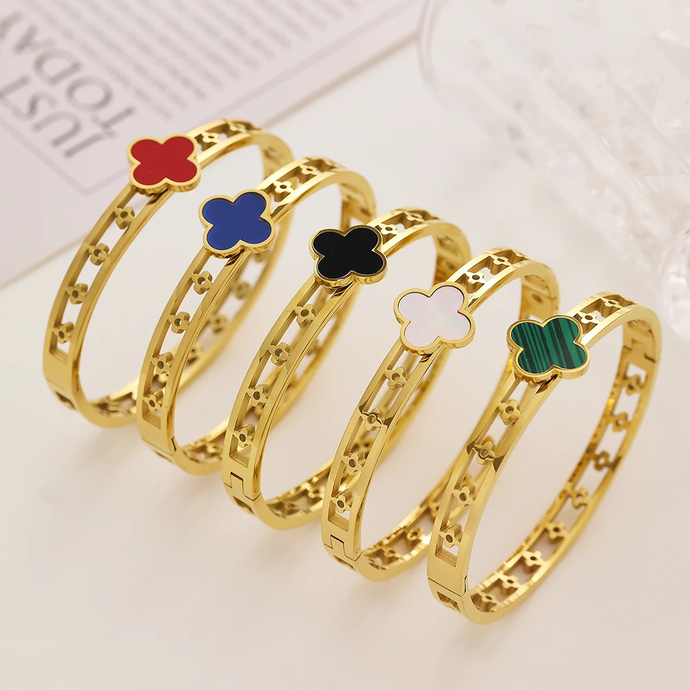 

XIXI Acier Inoxydable Inspired Designer Women Four Leaf Clover Stainless Steel 18K Gold Plated Fashion Jewelry Bracelets B