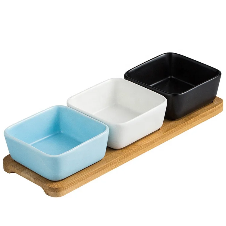 

Ceramic divided serving tray square porcelain dessert snack appetizer dish with bamboo ceramic compartment serving tray