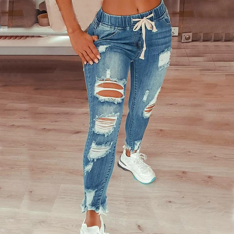 Casual Ladies Plus Size Full Length Pencil Pants Drawstring Skinny Denim Jeans For Women's Ripped Hole Stretch Jeans
Casual Ladies Plus Size Full Length Pencil Pants Drawstring Skinny Denim Jeans For Women's Ripped Hole Stretch Jeans