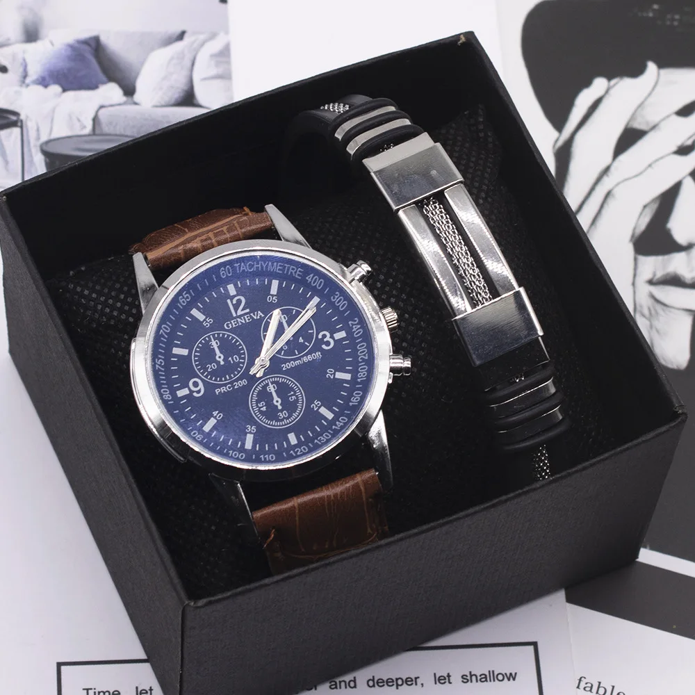 Hot Sale Stylish Casual Quartz Watch Set for Men with Bracelet Fashion Leather Wrist Watch set with Bangle Conjunto de reloj, 4 colors
Hot Sale Stylish Casual Quartz Watch Set for Men with Bracelet Fashion Leather Wrist Watch set with Bangle Conjunto de reloj, 4 colors