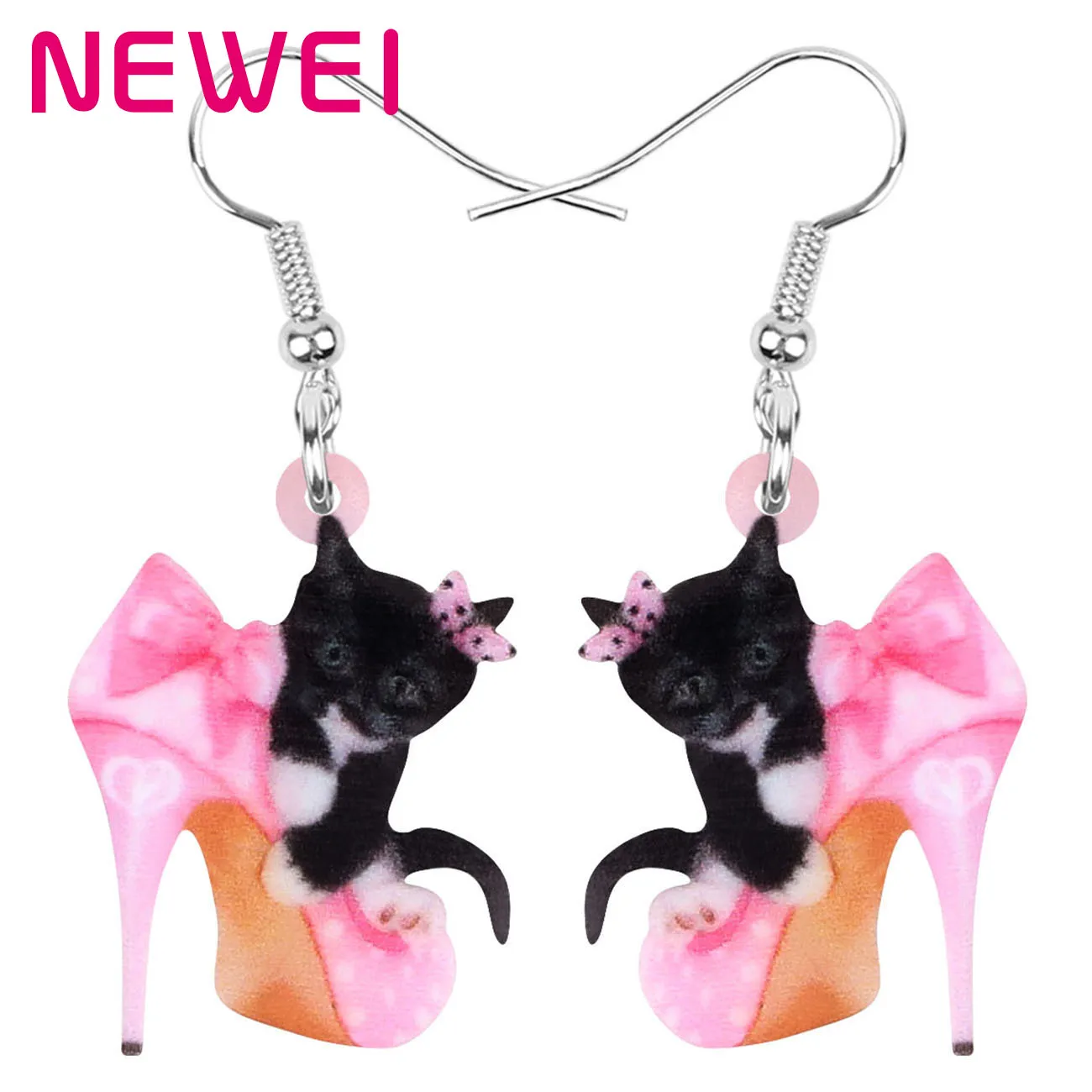 

NEWEI Valentine's Day Acrylic Pink High Heels Cat Kitten Earrings Drop Dangle Jewelry For Women Girls Charm Gifts, Multicolor