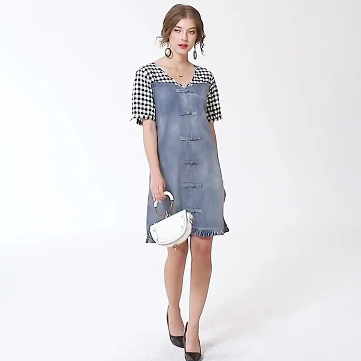 Summer New Arrival Ready To Ship Fashion Casual V Neck Short Sleeve Plaid Patchwork Custom Clothing Label Women Denim Dress
Summer New Arrival Ready To Ship Fashion Casual V Neck Short Sleeve Plaid Patchwork Custom Clothing Label Women Denim Dress