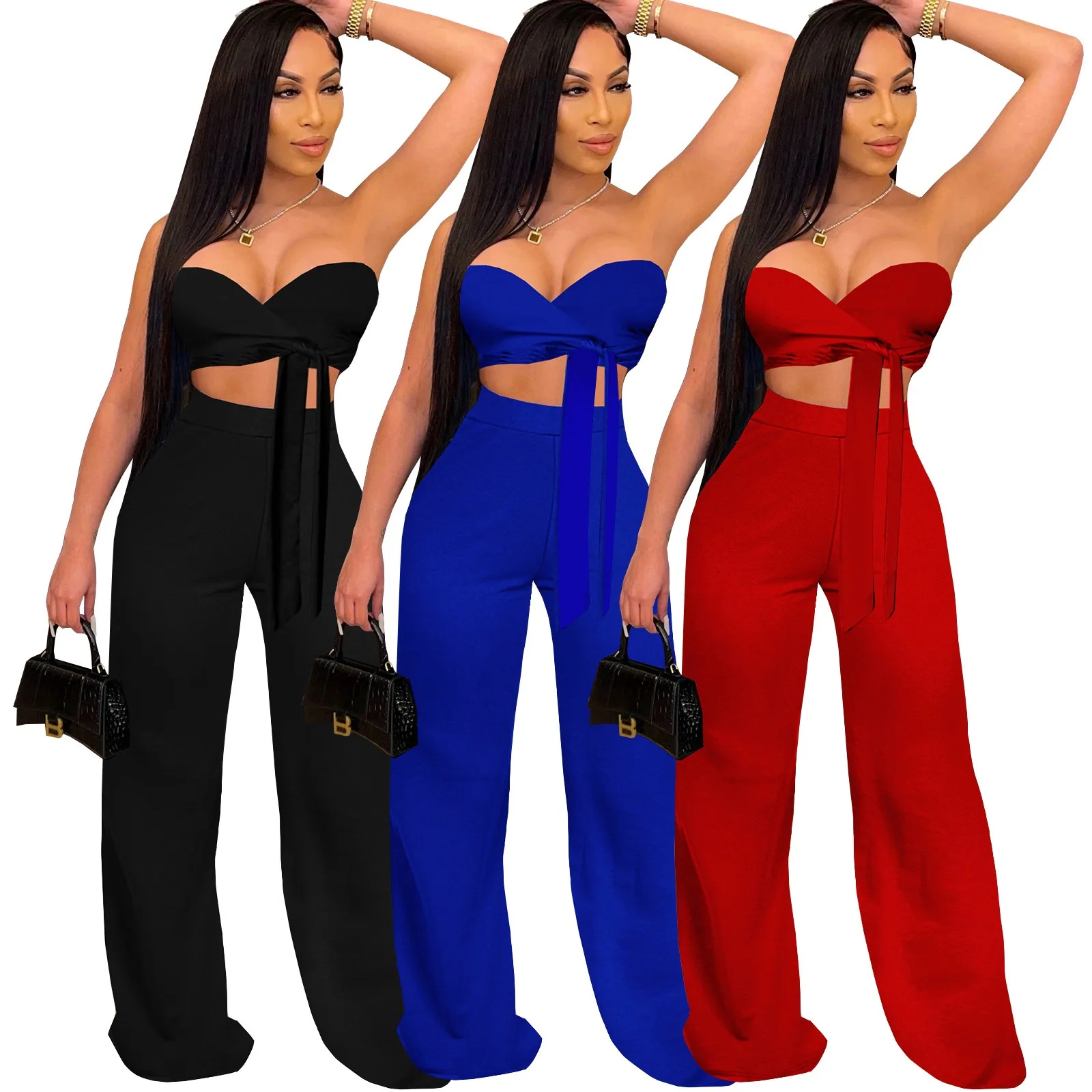 Summer 2021 new chic design sexy lace up tube top wide leg pants two piece set women clothing for club wear, 3color as picture
Summer 2021 new chic design sexy lace up tube top wide leg pants two piece set women clothing for club wear, 3color as picture