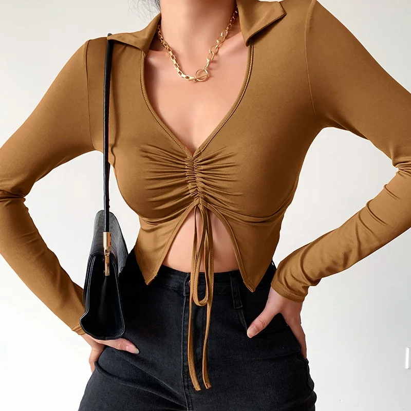 autumn hot sale street wear casual tops women v neck turn down collar sexy long sleeve black brown folds drawstring crop tops
autumn hot sale street wear casual tops women v neck turn down collar sexy long sleeve black brown folds drawstring crop tops
