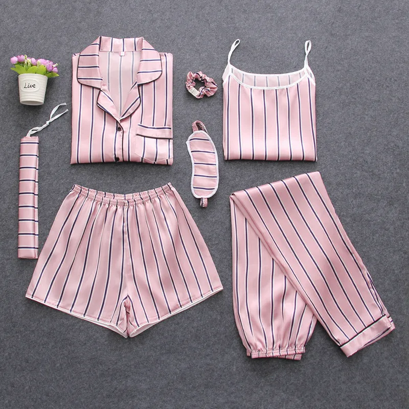 Women'S 7 Pieces Sets Pajamas Silk Emulation Striped Pajamas Women'S Sleepwear Sets Womens Clothing Homewear Pyjama Femme
Women'S 7 Pieces Sets Pajamas Silk Emulation Striped Pajamas Women'S Sleepwear Sets Womens Clothing Homewear Pyjama Femme