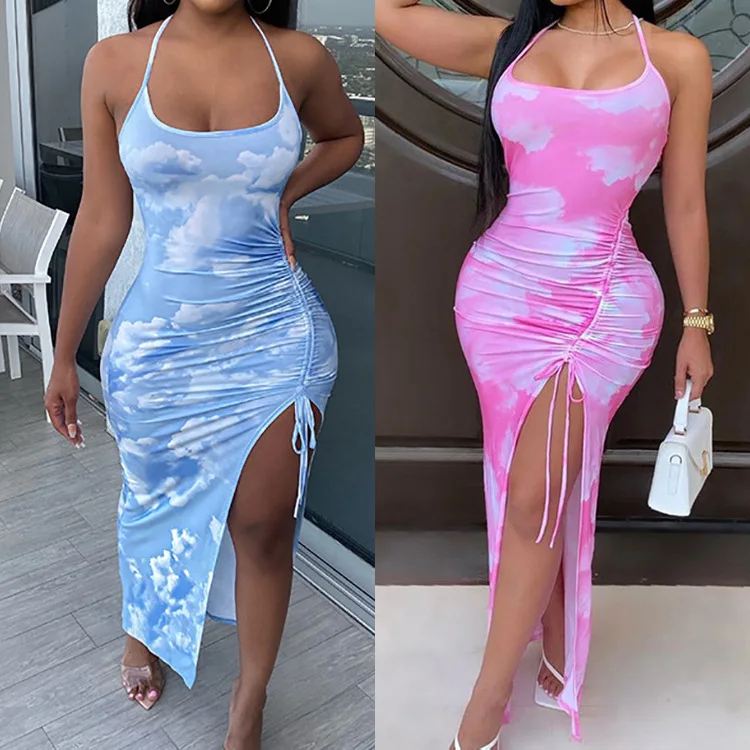 Summer Sexy Club Tie Dye Spaghetti Strap Dress Long Slim Bodycon Drawstring Slip Slit Dress For Women maxi dress
Summer Sexy Club Tie Dye Spaghetti Strap Dress Long Slim Bodycon Drawstring Slip Slit Dress For Women maxi dress