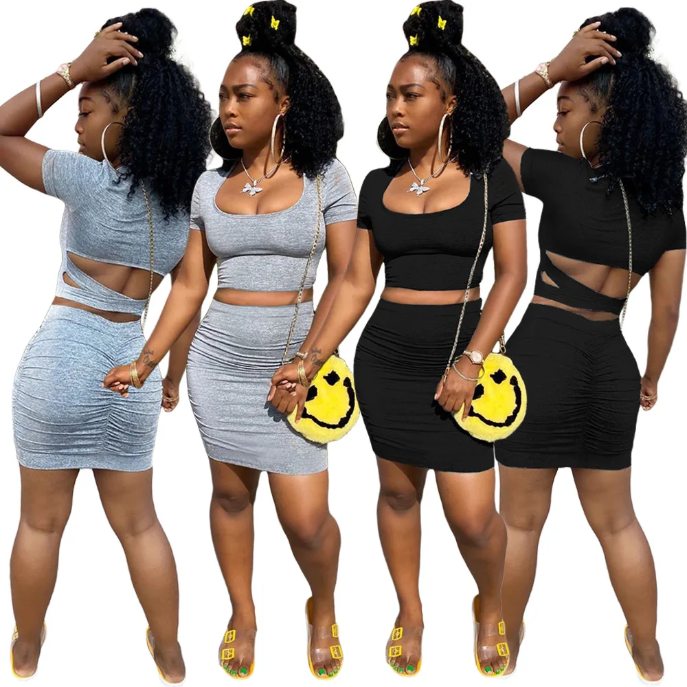 2021 Custom Logo Solid Color Backless Short Sleeve Crop Top Women Summer Two Piece Short Set Wrap Skirt, Picture color
2021 Custom Logo Solid Color Backless Short Sleeve Crop Top Women Summer Two Piece Short Set Wrap Skirt, Picture color