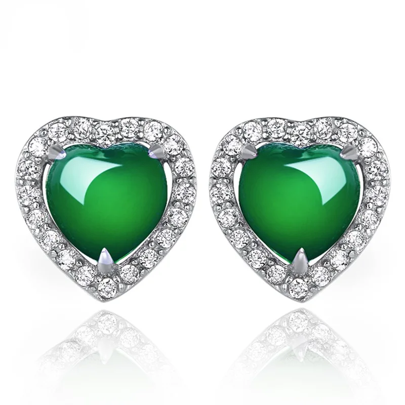 

Classic Shiny Micro Pave Cubic Zircon Emerald Stud Earrings Full Diamond Green Crystal Jade Heart Stud Earrings for Women, As picture show