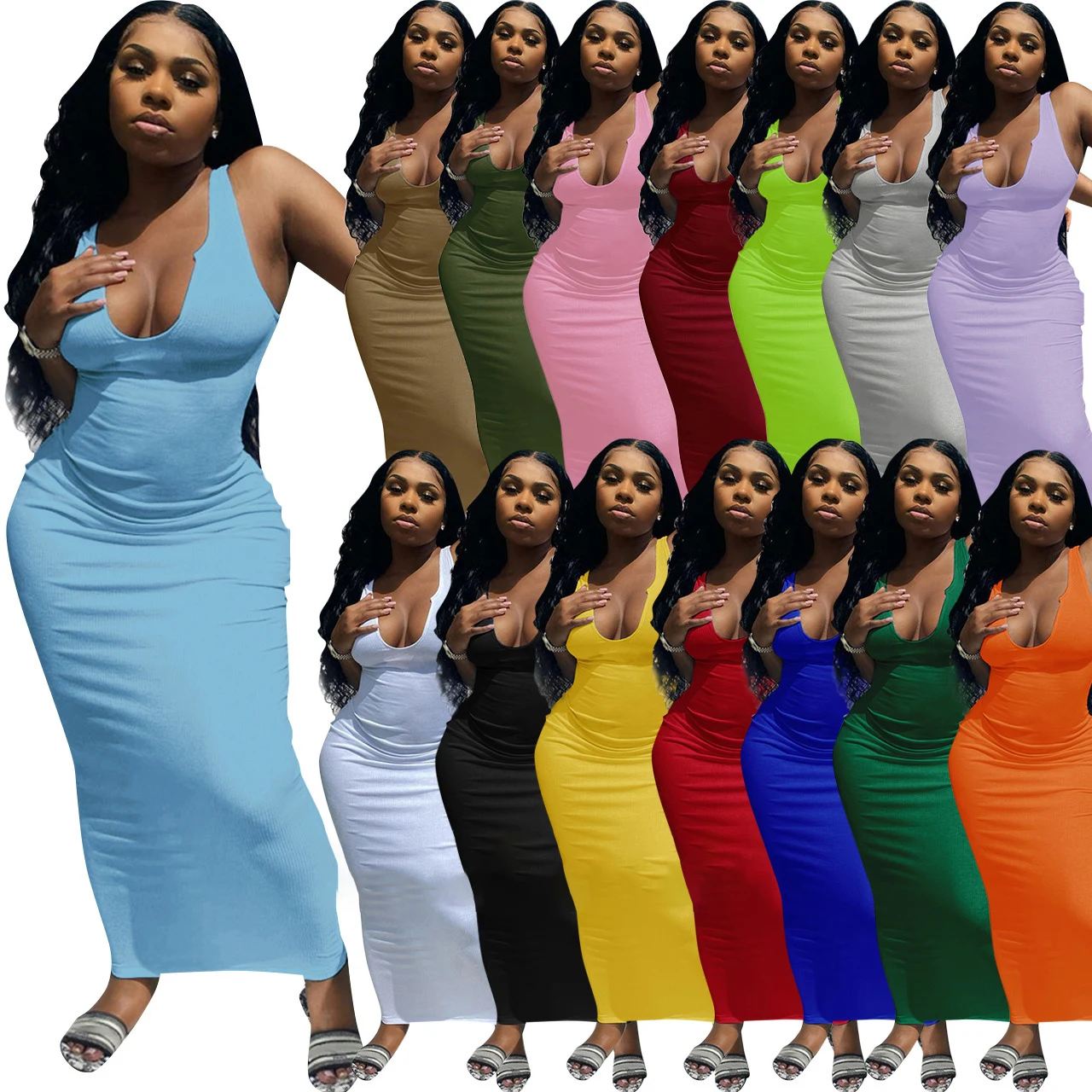 2022 Summer Rib Plain Casual Dresses Halter Tank Top Sleeveless Plus Size Dress Deep V Neck Bodycon Women Slim Sexy Long Skirt
2022 Summer Rib Plain Casual Dresses Halter Tank Top Sleeveless Plus Size Dress Deep V Neck Bodycon Women Slim Sexy Long Skirt