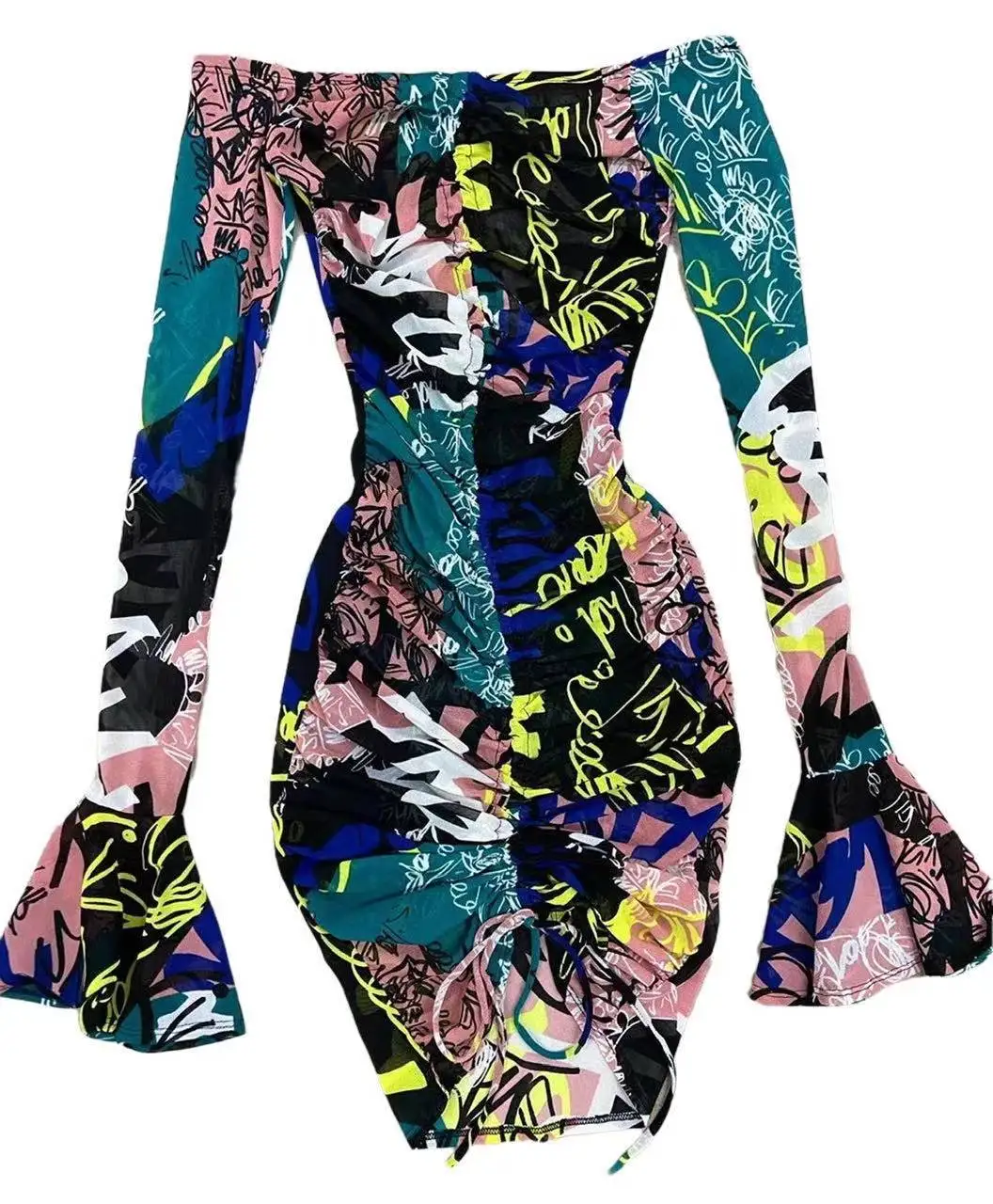 Spring 2021 new arrivals fashion graffiti women flare sleeve elegant ruched bodycon mini dress off the shoulder sexy club wear, As picture
Spring 2021 new arrivals fashion graffiti women flare sleeve elegant ruched bodycon mini dress off the shoulder sexy club wear, As picture