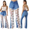 Buy wholesale guangzhou plus size 2XL women lace high waisted flare pants jeans