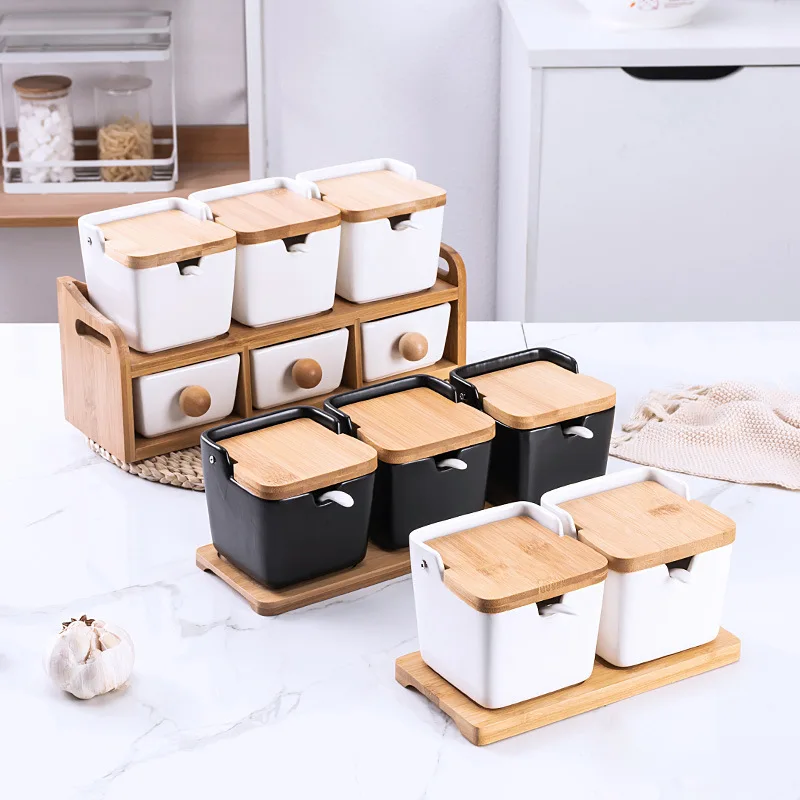 Seasoning Box Condiment Pots, Ceramic Sugar Bowl with Lids and Spoons, Ceramic with Bamboo Lid
Seasoning Box Condiment Pots, Ceramic Sugar Bowl with Lids and Spoons, Ceramic with Bamboo Lid
