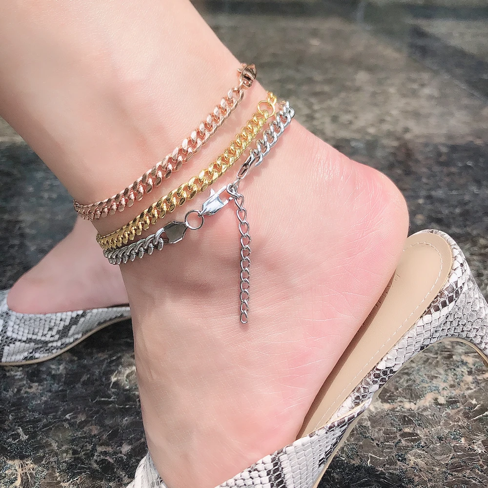 Miss Miami Cuban Link Anklet Crystal Rhinestone Foot Anklet Gold