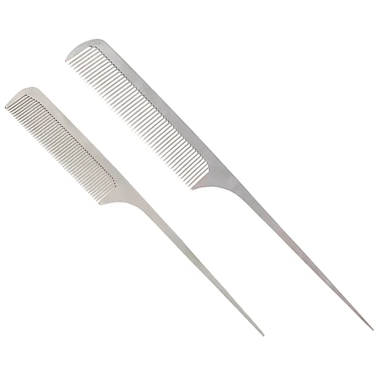 

Free Sample Salon Professional Anti-static metal steel hair cutting comb hairdressing rat tail combs brush with logo, Silver