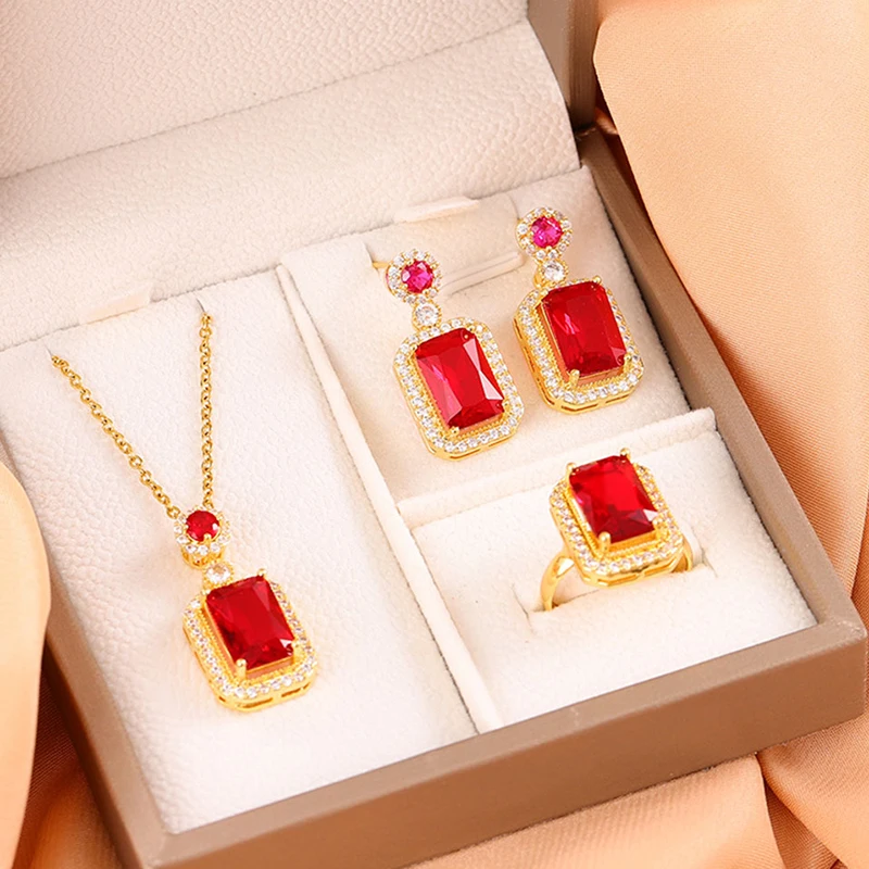 

Luxury Ruby Emerald Pendant Earrings and Necklace Set for Women Stainless Steel Zircon Jewelry Gift for Anniversary