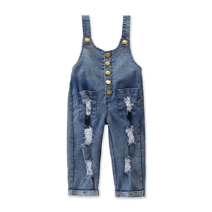 

2021 Ins New Summer Girls Blue Denim Pants Fashion Overalls Jumpsuit pant Jeans Ripped Suspender Trousers for Kids Girl