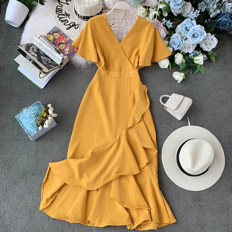 Irregular Solid Women Dress Summer New V-Neck Flare Sleeve Vestidos High Waist Ruffles A-Line Dresses
Irregular Solid Women Dress Summer New V-Neck Flare Sleeve Vestidos High Waist Ruffles A-Line Dresses