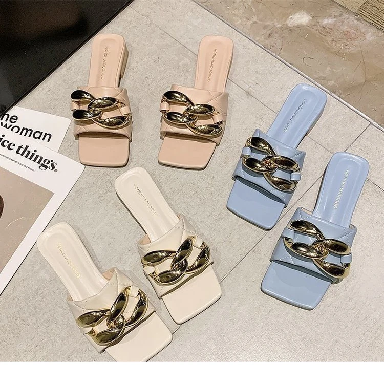 Luxury Brand Square Toe Leather Flat Shoes Metal Button Decoration Female Outdoor Beach Casual Slippers Women Slippers Sandals, Blue beige khaki
Luxury Brand Square Toe Leather Flat Shoes Metal Button Decoration Female Outdoor Beach Casual Slippers Women Slippers Sandals, Blue beige khaki