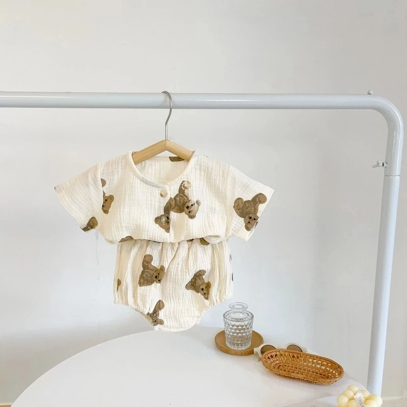 

Baby Clothing Set 024 months summer newborn Children's Solid Color bear print Boys Girls Outfits 2 Pieces Baby Clothing, Beige bear suit