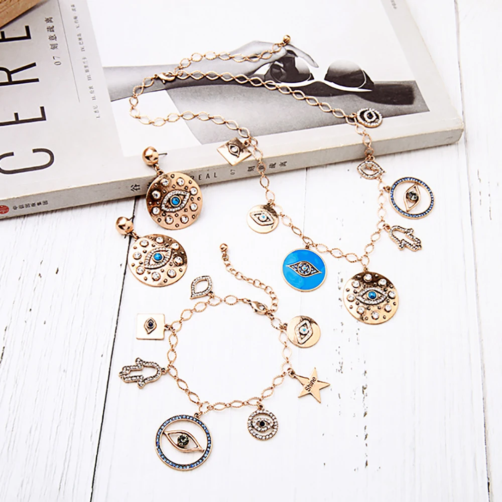 Fashion new design women alloy jewelry rhinestone dangling star hand hamsa eye charm bracelet, Rose gold 
Fashion new design women alloy jewelry rhinestone dangling star hand hamsa eye charm bracelet, Rose gold