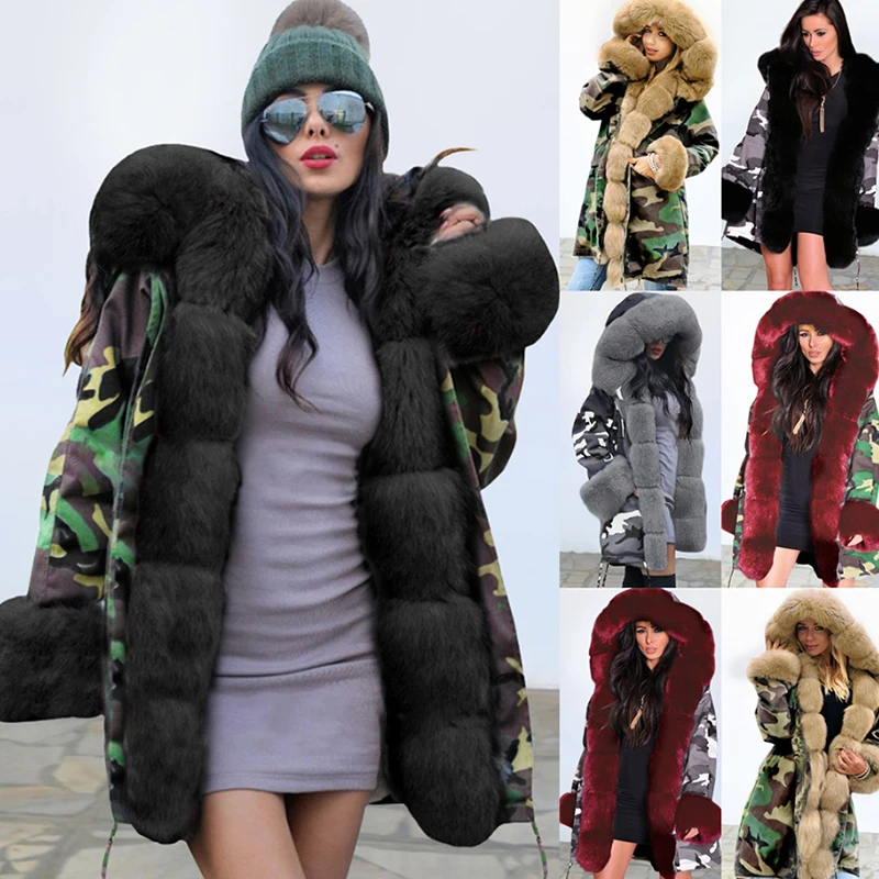 2020 winter plus size plus velvet thick camo faux fur lined collar long winter women coat
2020 winter plus size plus velvet thick camo faux fur lined collar long winter women coat
