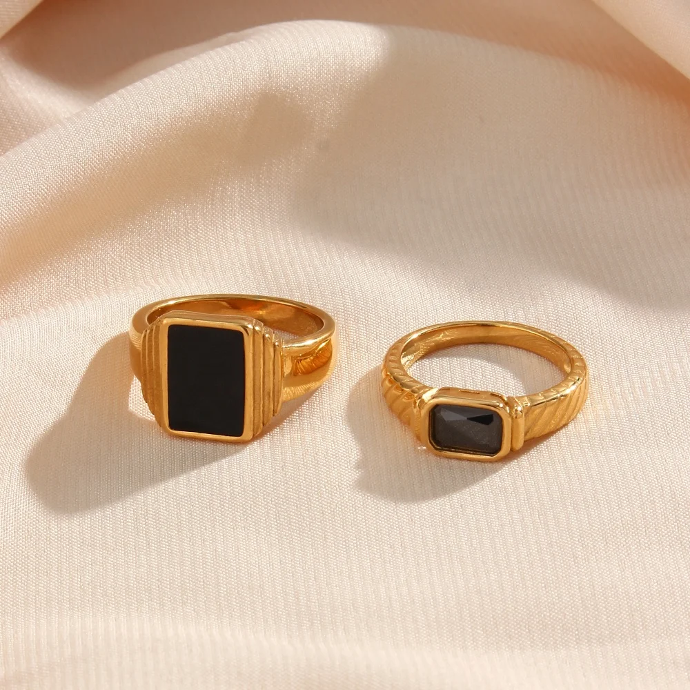 Textured Gold Plated Stainless Steel Square Acrylic Black Cubic Zircon Band Ring Diamond Ring Jewelry
Textured Gold Plated Stainless Steel Square Acrylic Black Cubic Zircon Band Ring Diamond Ring Jewelry
