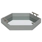 Hexagon Decorative Mirrored Tray with Polished Metal Handles Gray and Silver
